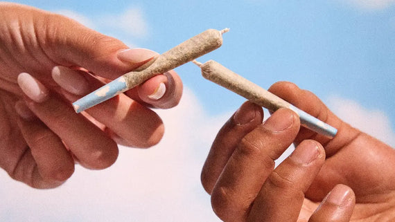Two hands holding pre-rolled joints with sky-themed tips against a bright blue background with fluffy clouds.