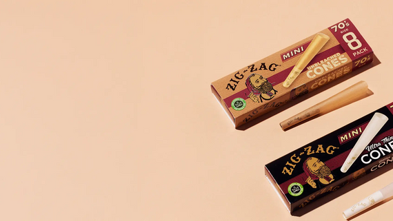 Raw cones option from Zig-Zag shown with unbleached mini cones and ultra thin cones in 8-pack boxes.