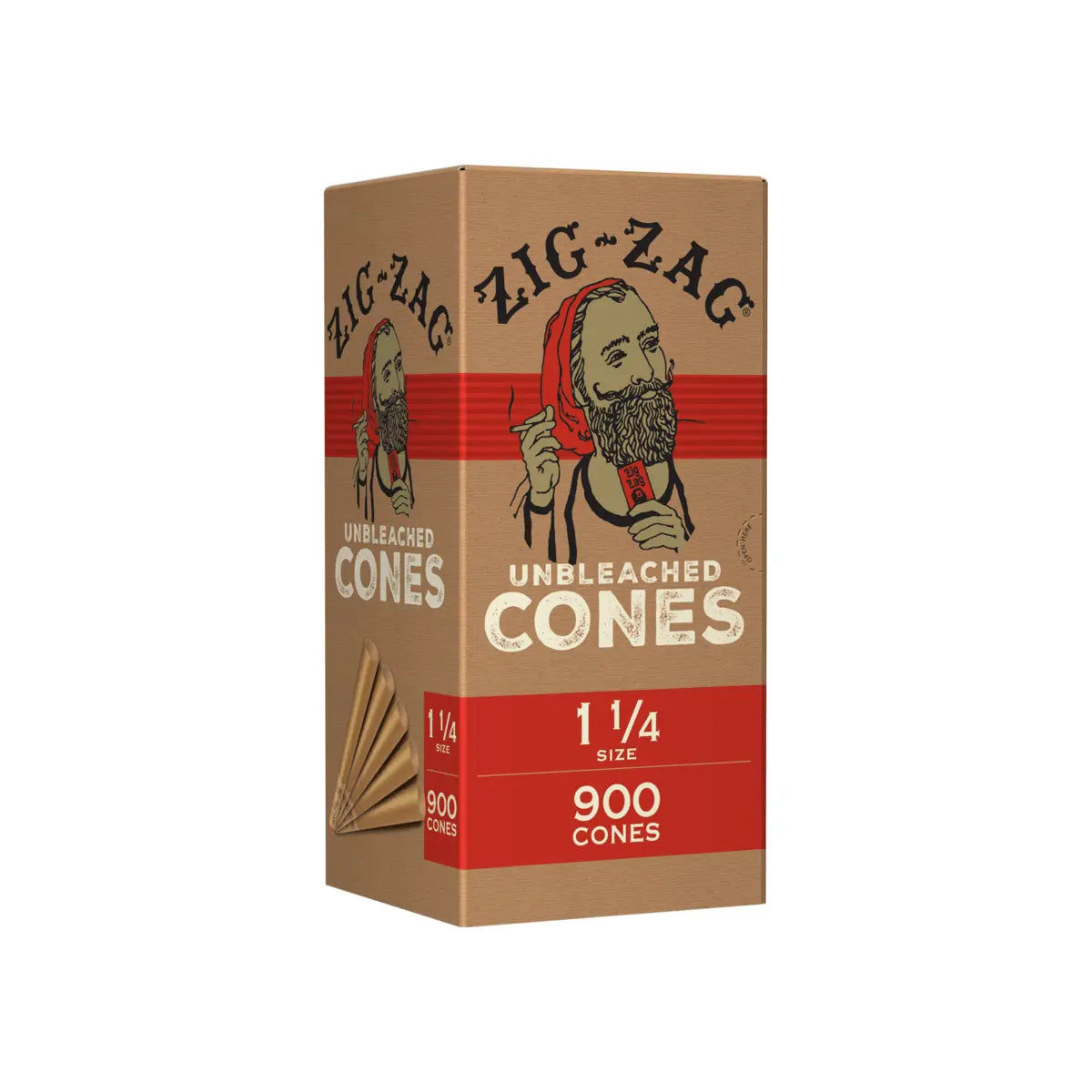 Bulk unbleached cones pack by Zig-Zag featuring 900 pre-rolled 1¼ size cones in a natural brown box.