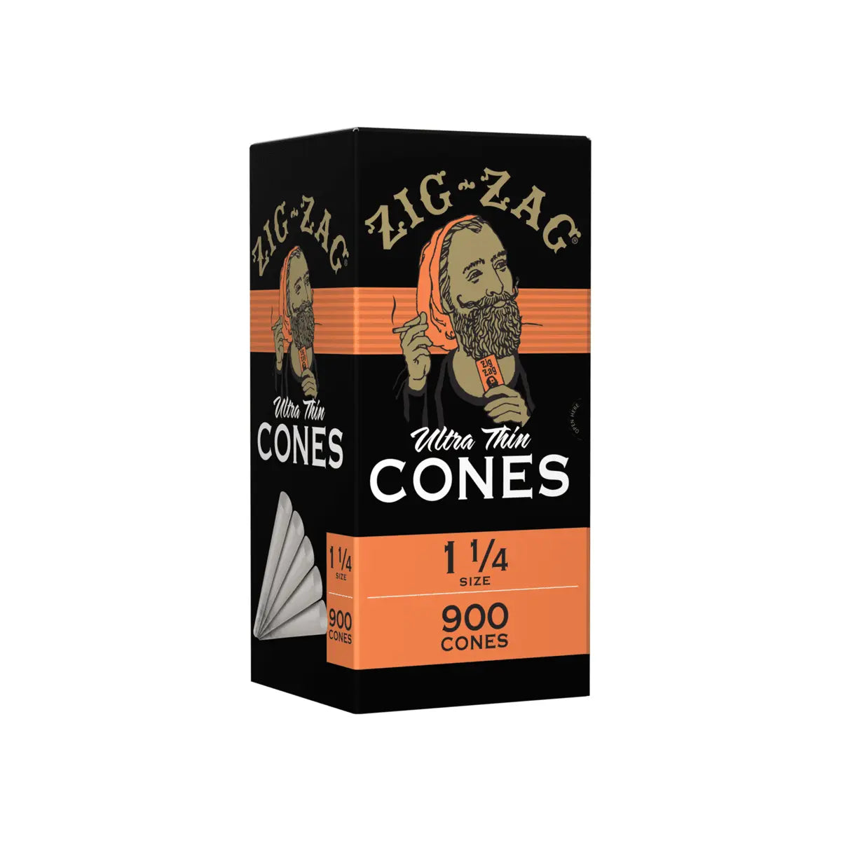 Bulk ultra thin cones in 1 1/4 size with 900 Zig-Zag branded cones packed in a bold orange box.