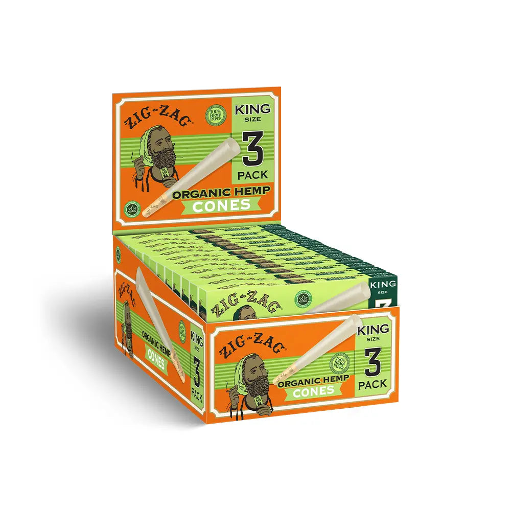 Rolling cones in Zig-Zag king size 3-pack boxes made from organic hemp, displayed in an open retail case.