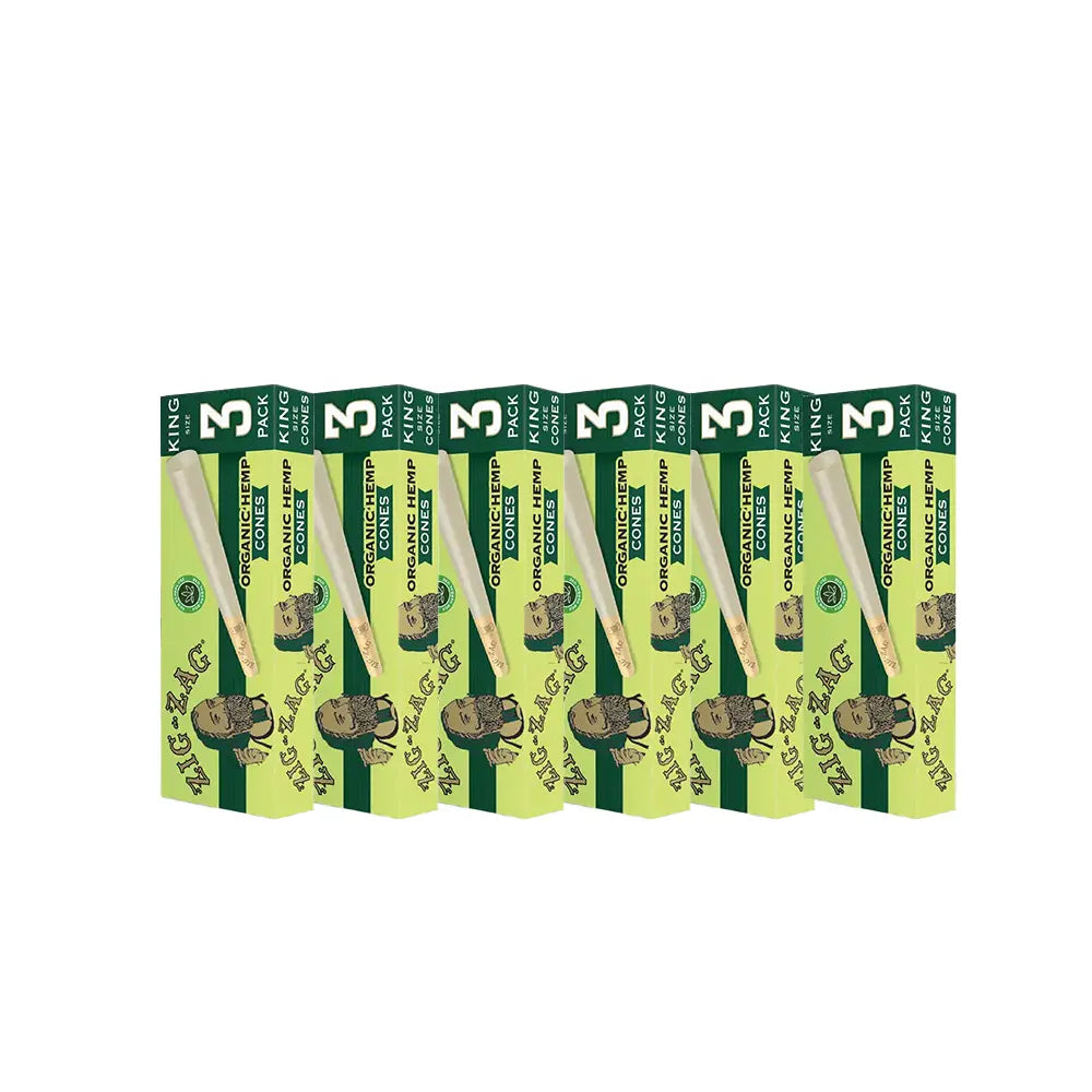 Hemp king sized cones in Zig-Zag branded 3-pack boxes displayed in a row on a white background.