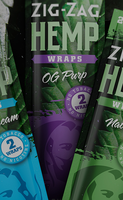 Hemp wraps by Zig-Zag, featuring OG Purp flavor with green, purple, and blue designs.