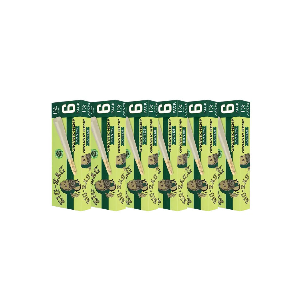 Organic hemp sized cones in Zig-Zag 6-pack boxes featuring 1 1/4 size pre-rolled cones arranged in a row.