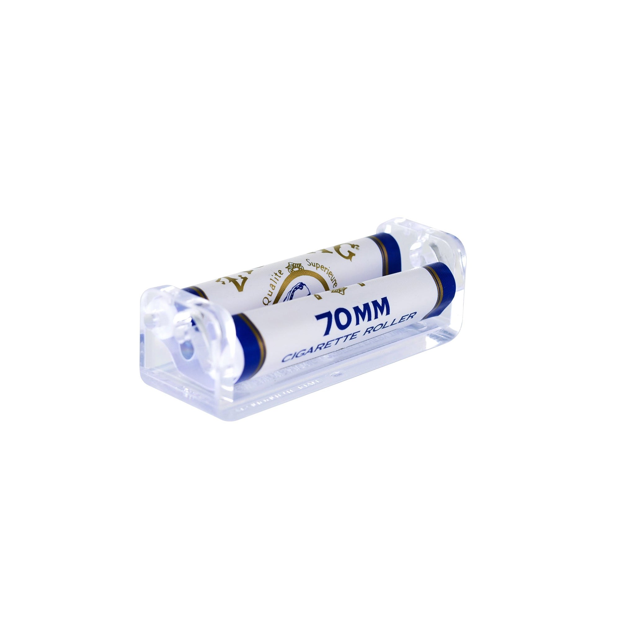Cigarette roller in Zig-Zag 70mm size with white and blue design, featuring clear plastic ends on white background.