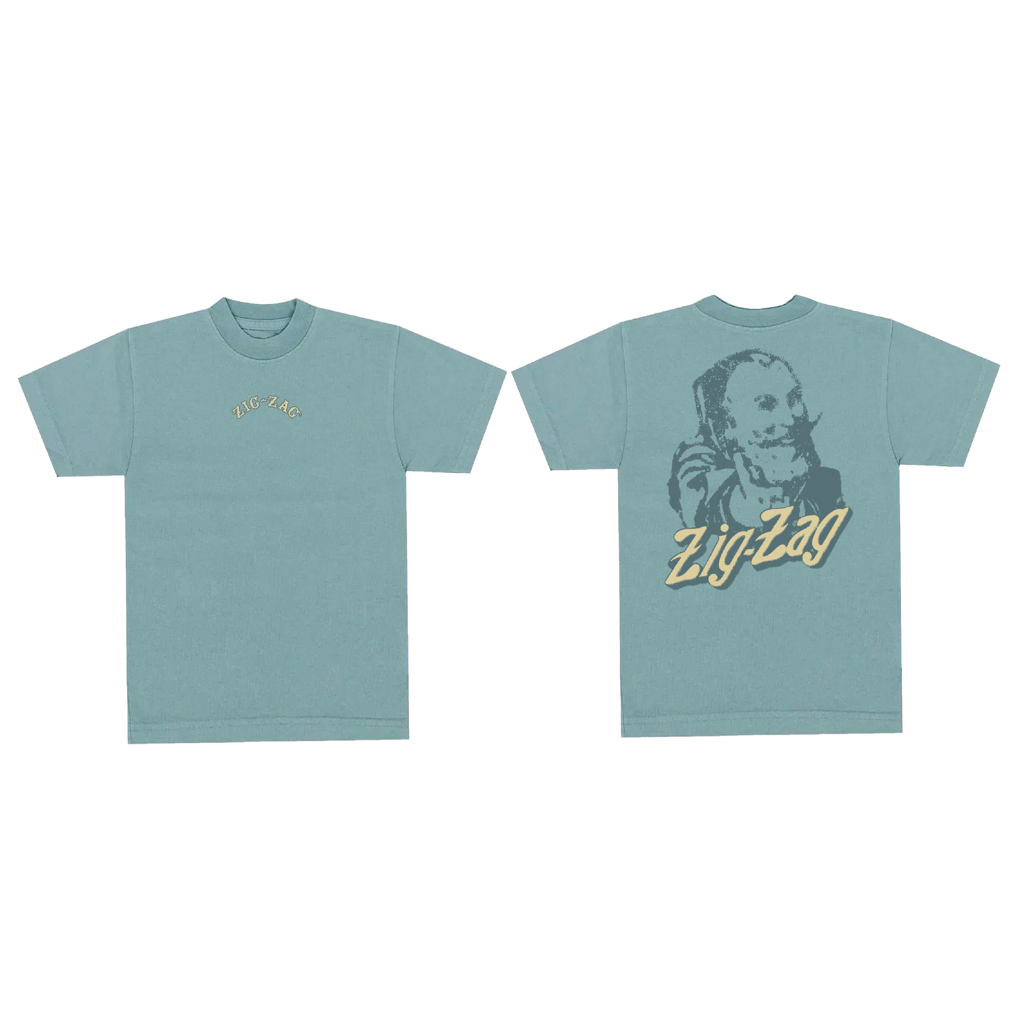 Zig-Zag t-shirt in teal featuring a small front logo and a large vintage-style graphic design on the back.