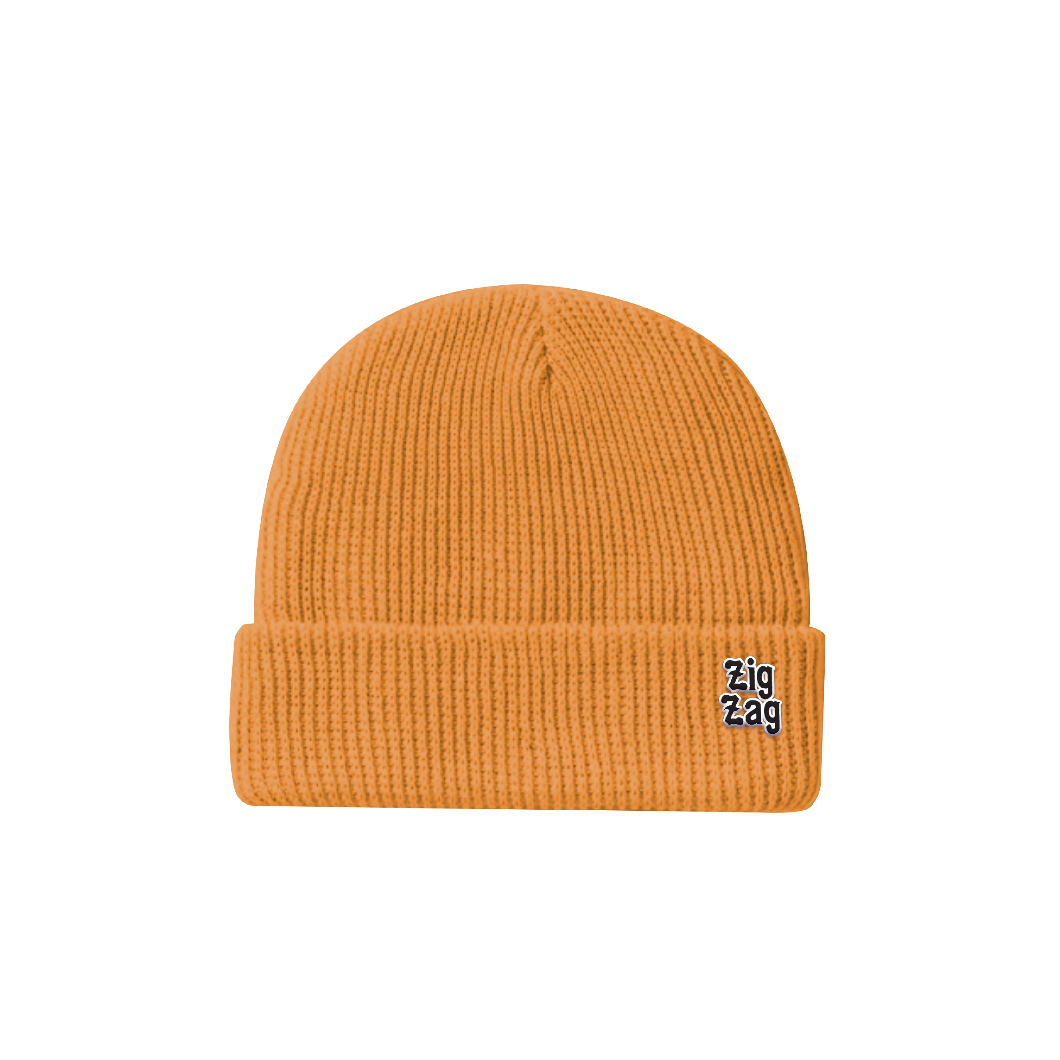 Zig-Zag orange knit beanie with a small embroidered logo on the folded cuff.