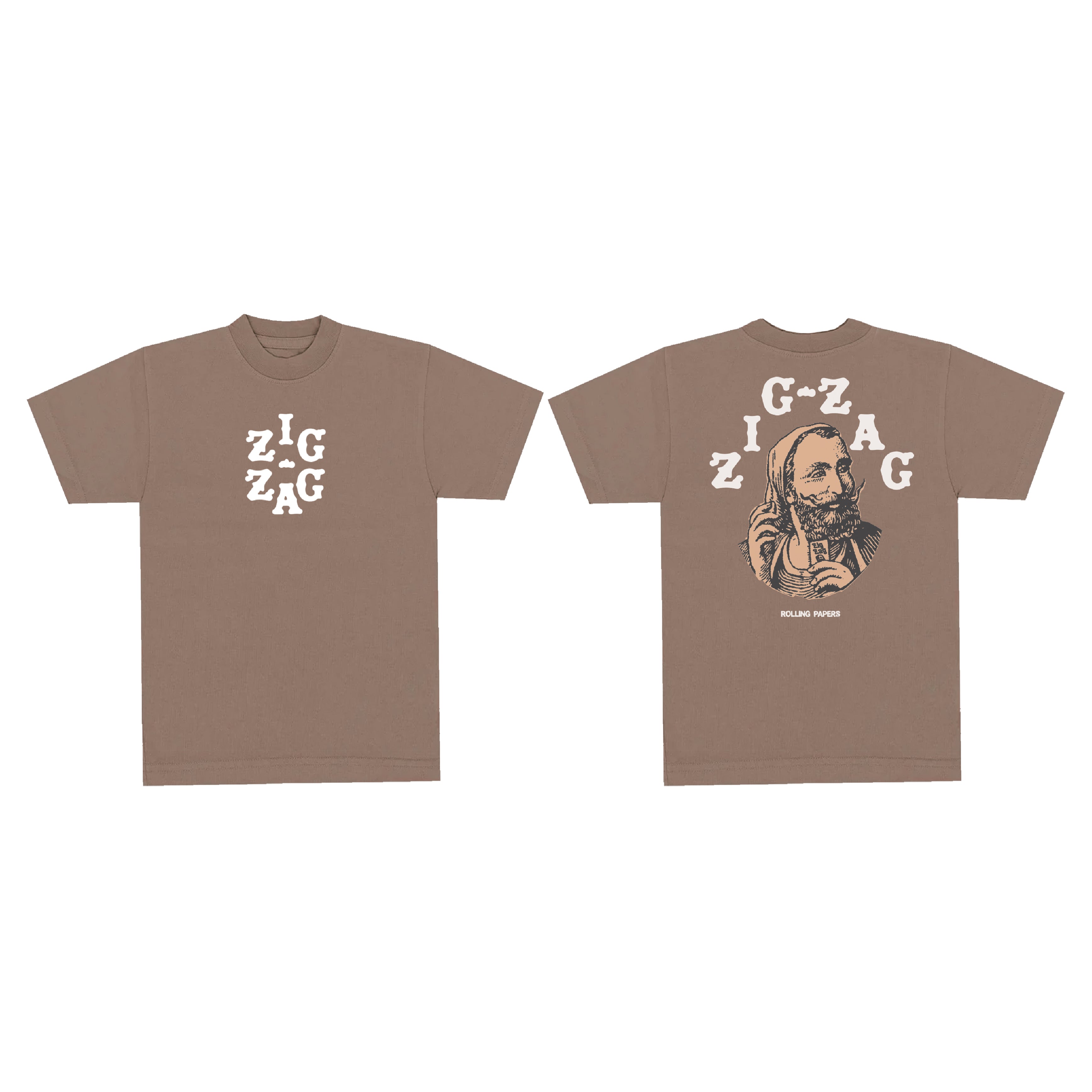 Zig-Zag t-shirt in brown featuring the logo on the front and a large graphic design on the back.
