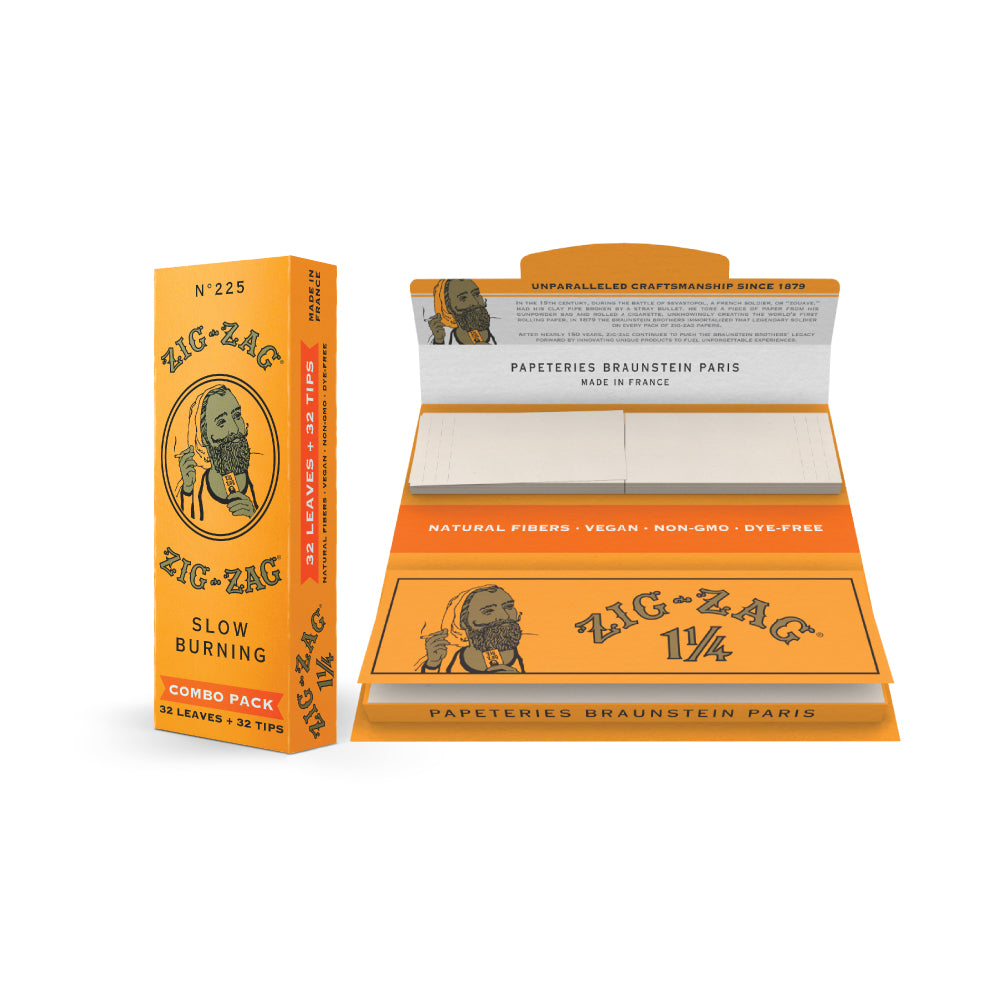 Zig-Zag slow-burning 1 1/4 rolling papers combo pack with 32 leaves and 32 tips, displayed open and closed.