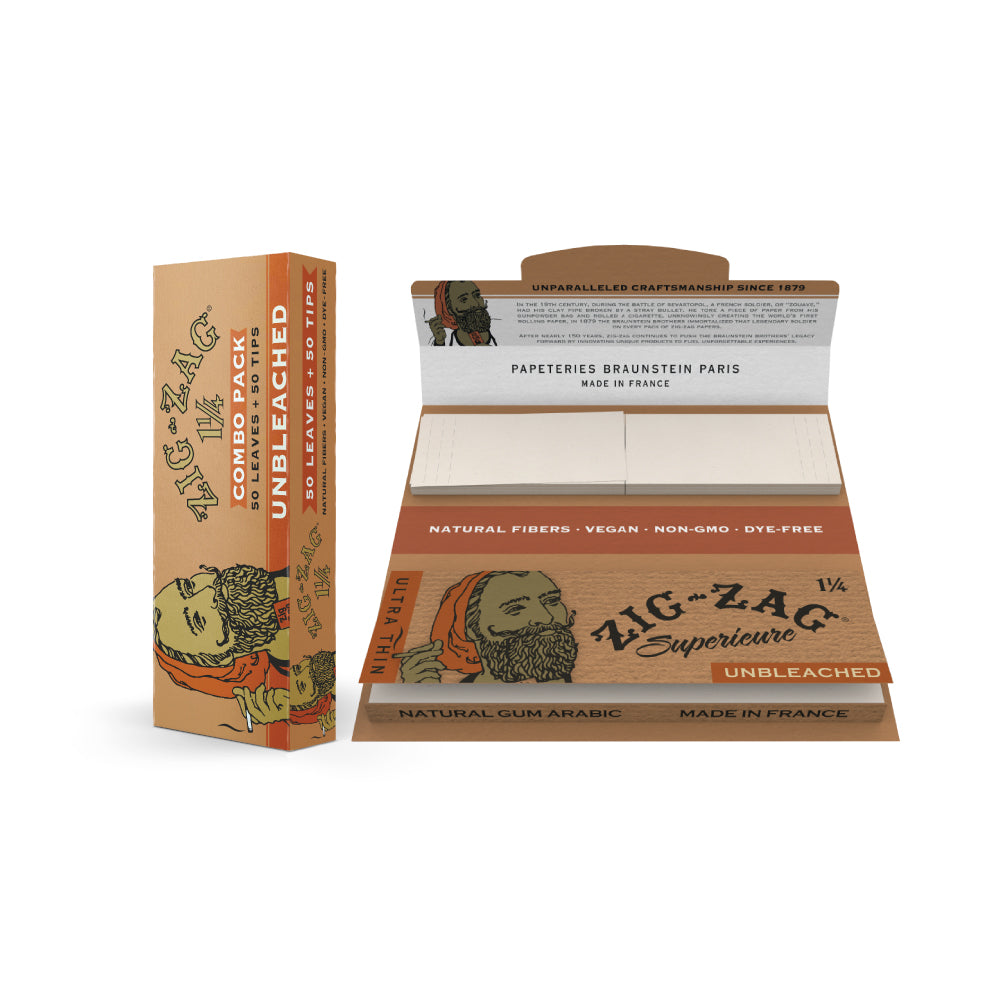 Zig-Zag unbleached 1 1/4 rolling papers combo pack with 50 leaves and 50 tips, made from natural fibers.