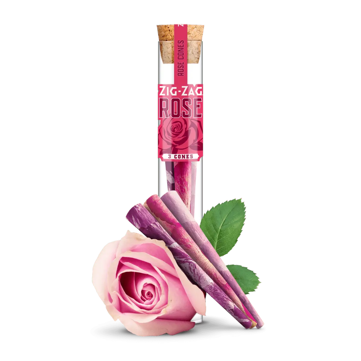 Rose cones by Zig-Zag shown with real pink rose and green leaves in a stylish cork-sealed glass tube.