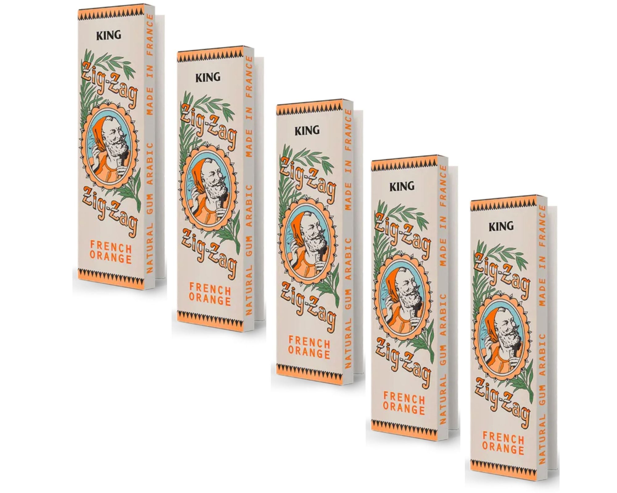 King sized rolling papers in Zig-Zag French Orange packs with natural gum Arabic, arranged in a row on white background.