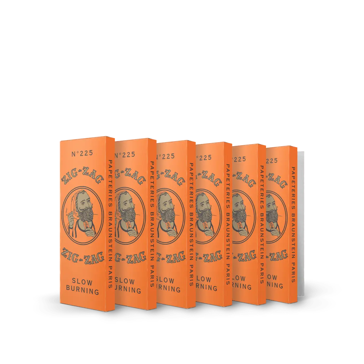 Slow burning rolling papers in Zig-Zag orange No. 225 packs, featuring vintage branding and displayed in a row.