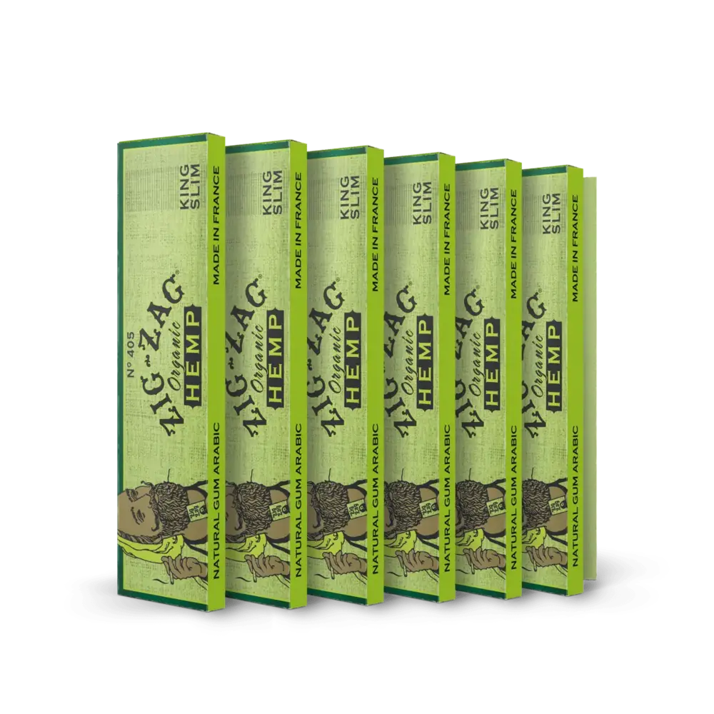 King sized hemp cones in Zig-Zag Organic Hemp green packs made in France with natural gum Arabic, displayed in a row.