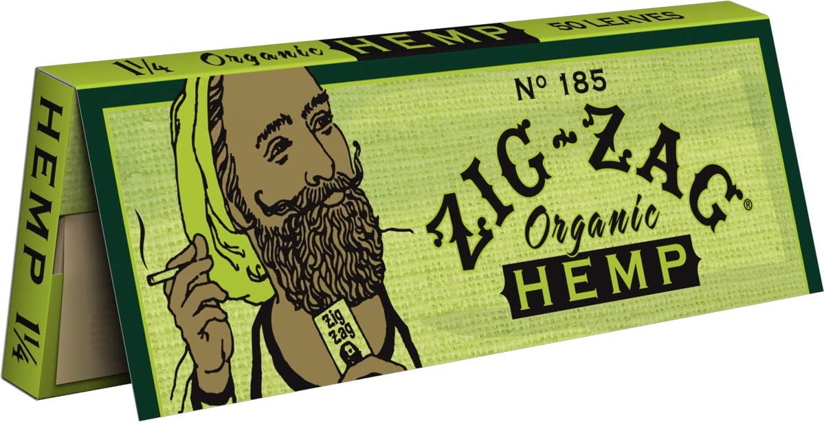 Hemp rolling papers from Zig-Zag, 1 1/4 size, organic and eco-friendly with green packaging and 50 leaves per pack.