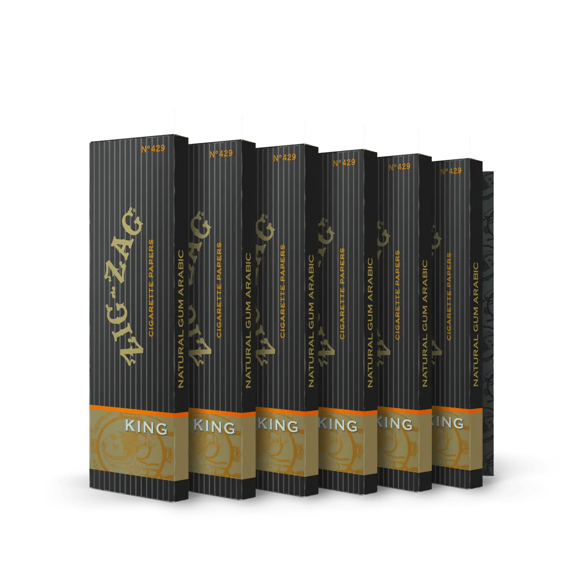 King-sized rolling papers 6 pack from Zig-Zag featuring a sleek black and gold design with natural gum arabic for a premium slow-burning experience.
