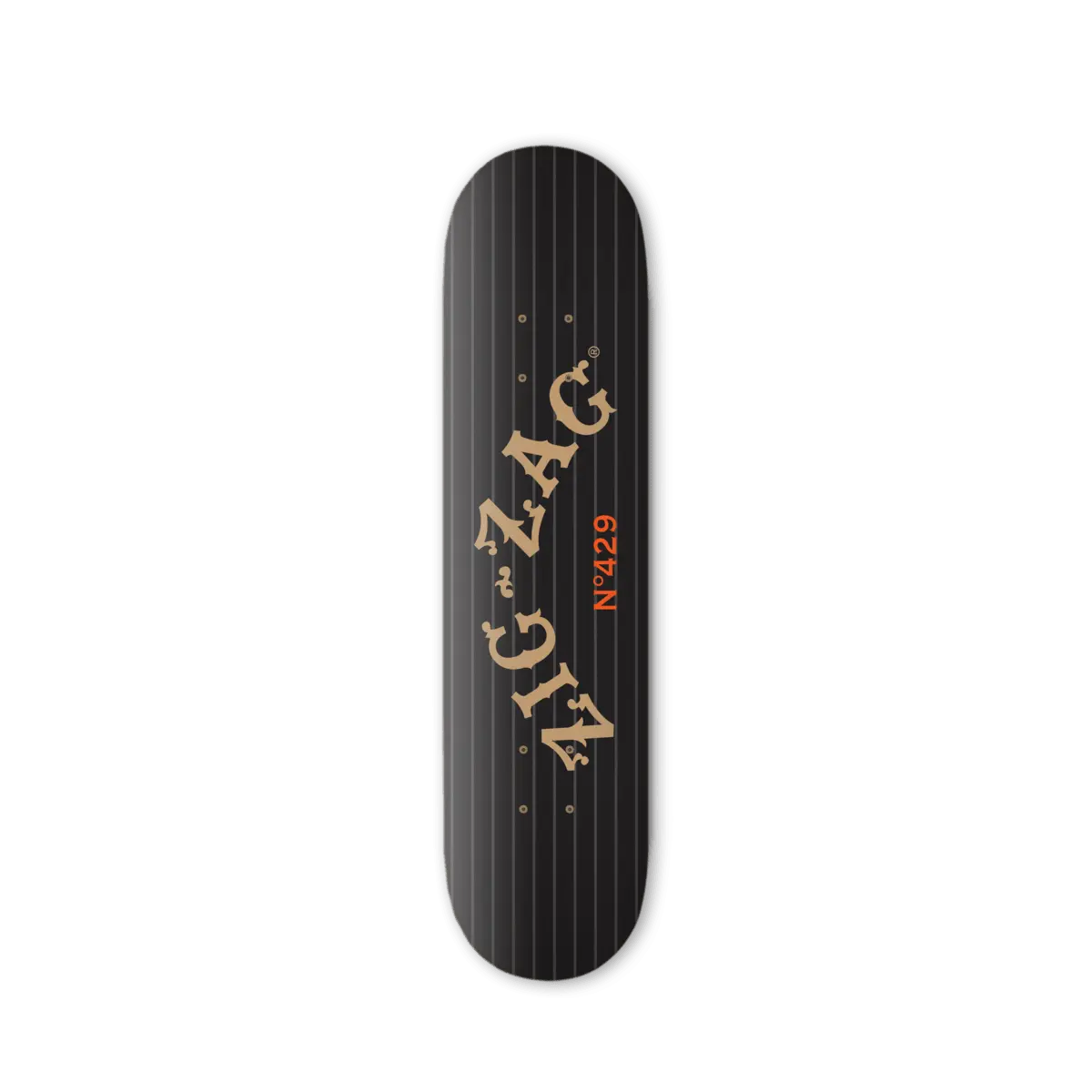Black skateboard deck featuring Zig-Zag branding and pinstripe design with gold logo and orange No. 429 detail.