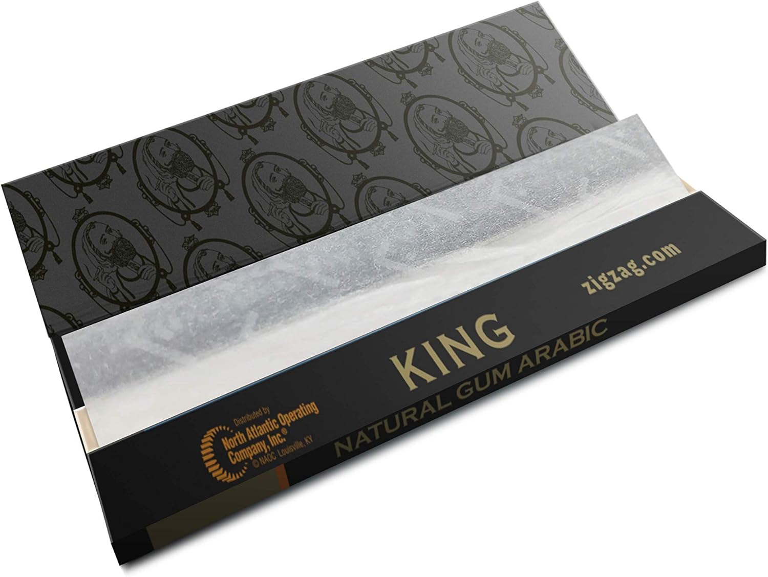 Natural king size rolling papers from Zig-Zag featuring black packaging with gold text and natural gum Arabic adhesive.