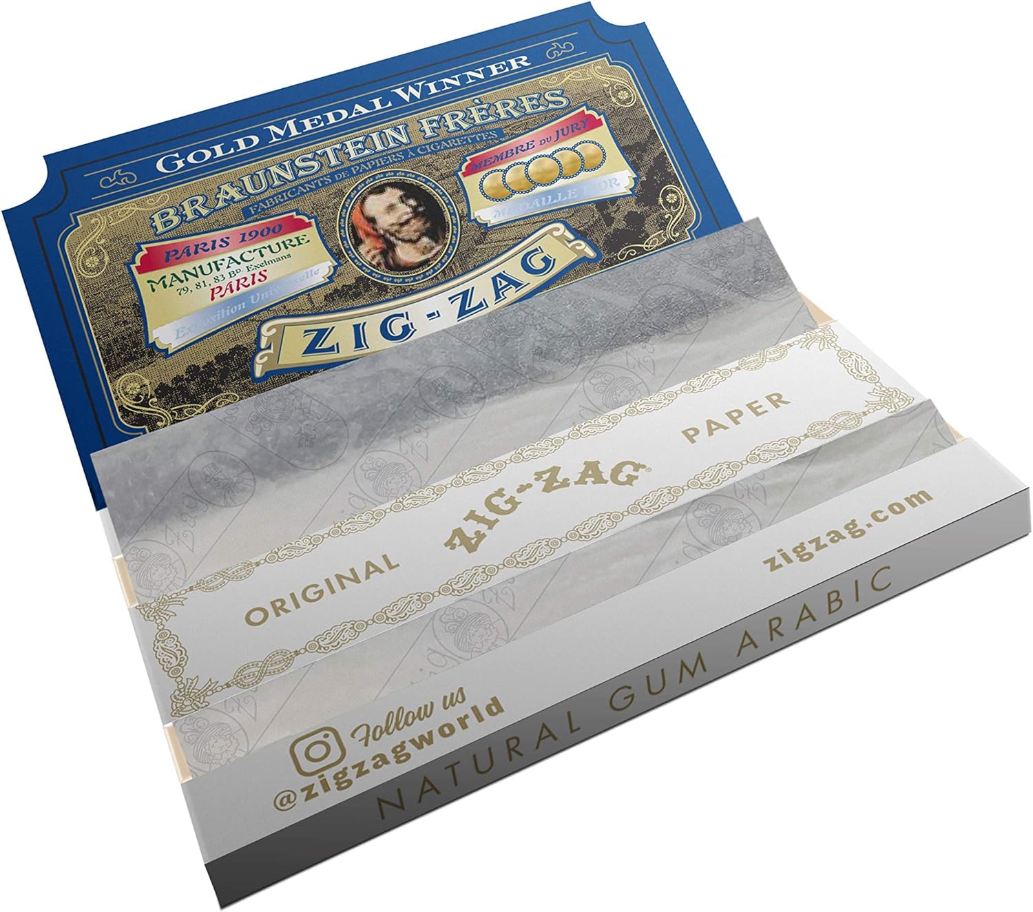 Natural rolling papers from Zig-Zag featuring classic branding, gold accents, and made with natural gum Arabic.