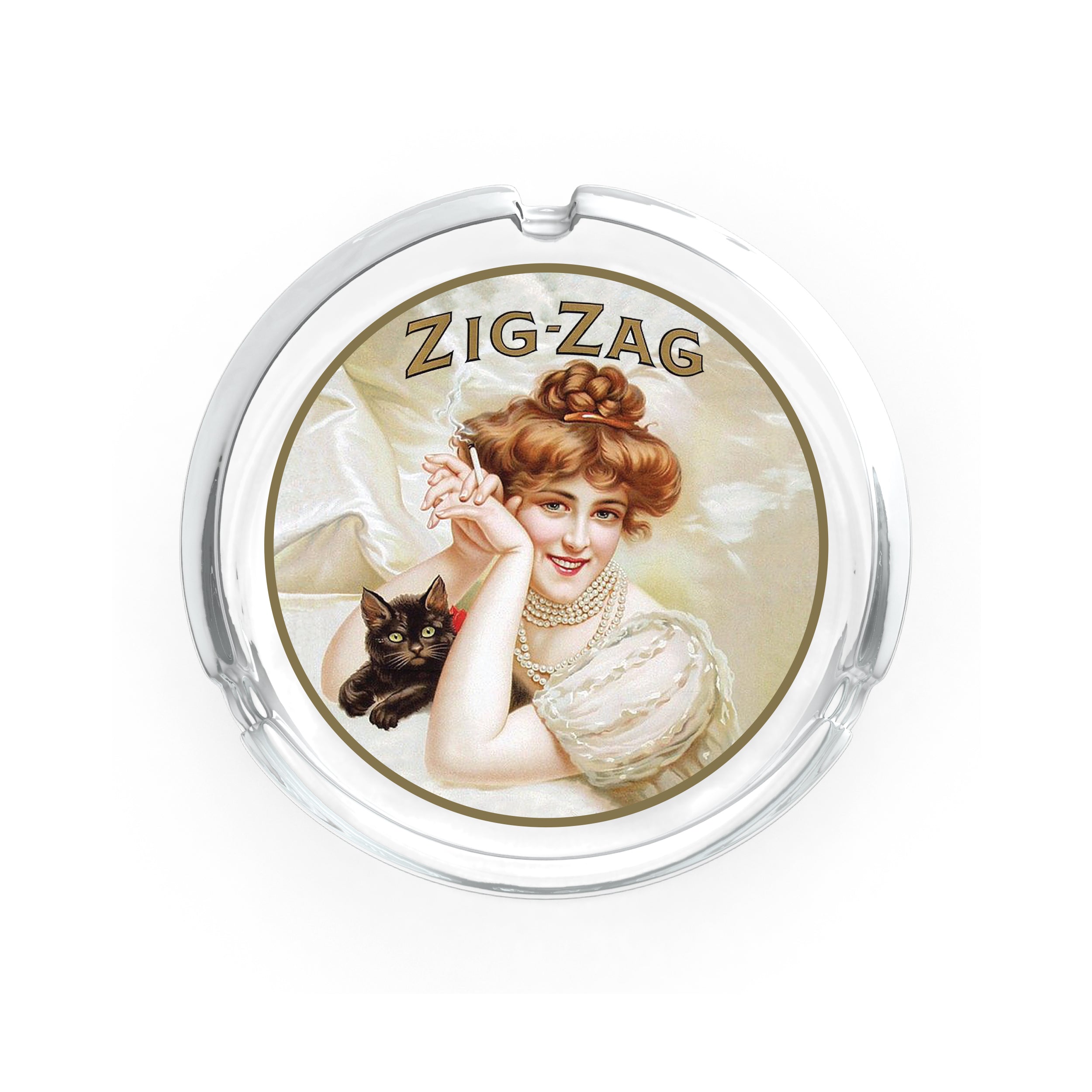 Vintage ashtray with Zig-Zag branding featuring a classic illustration of a woman holding a cigarette and a black cat.