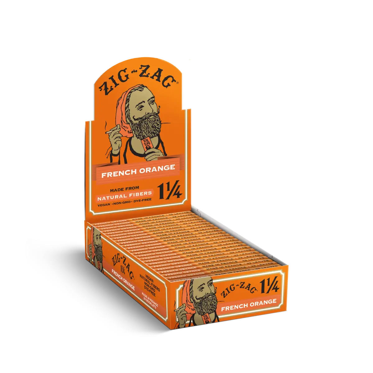Natural 1 1/4 rolling papers from Zig-Zag in French Orange packs, made from dye-free, non-GMO, vegan natural fibers.