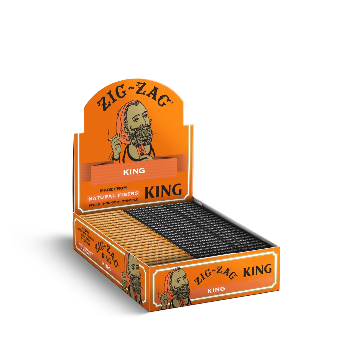 King size rolling paper carton of Zig-Zag made from natural fibers, featuring orange display box with black and gold packs.