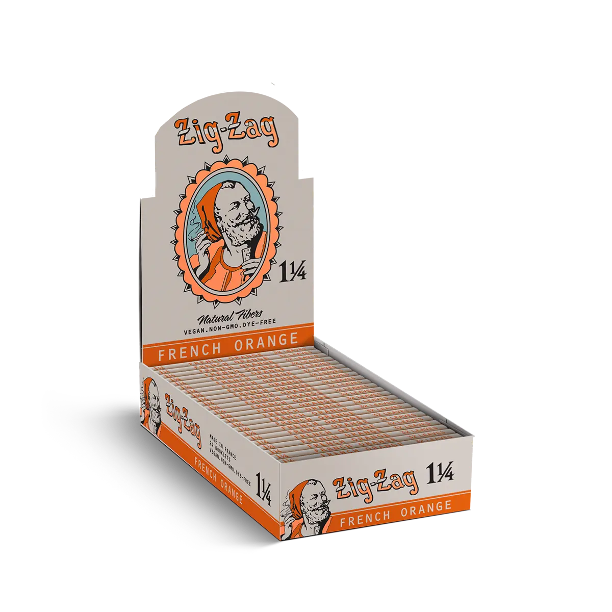 Zig-Zag French Orange 1 1/4 rolling papers display box, featuring natural fibers and vibrant orange-themed packaging.