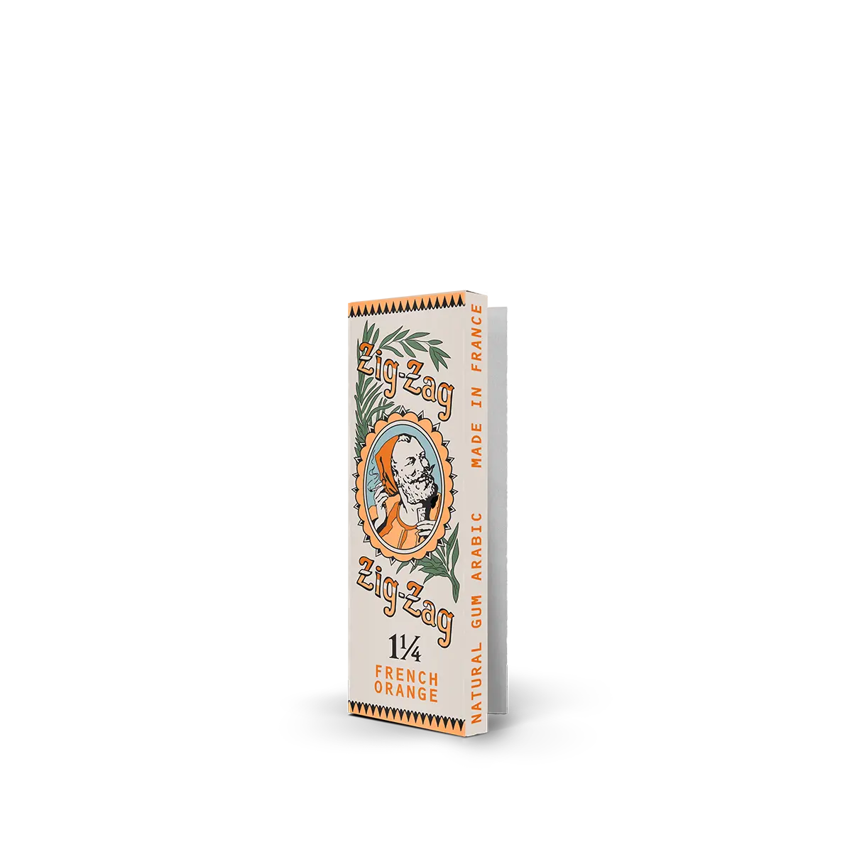 Zig-Zag 1 1/4 French Orange rolling papers featuring natural gum Arabic and vibrant orange packaging design.