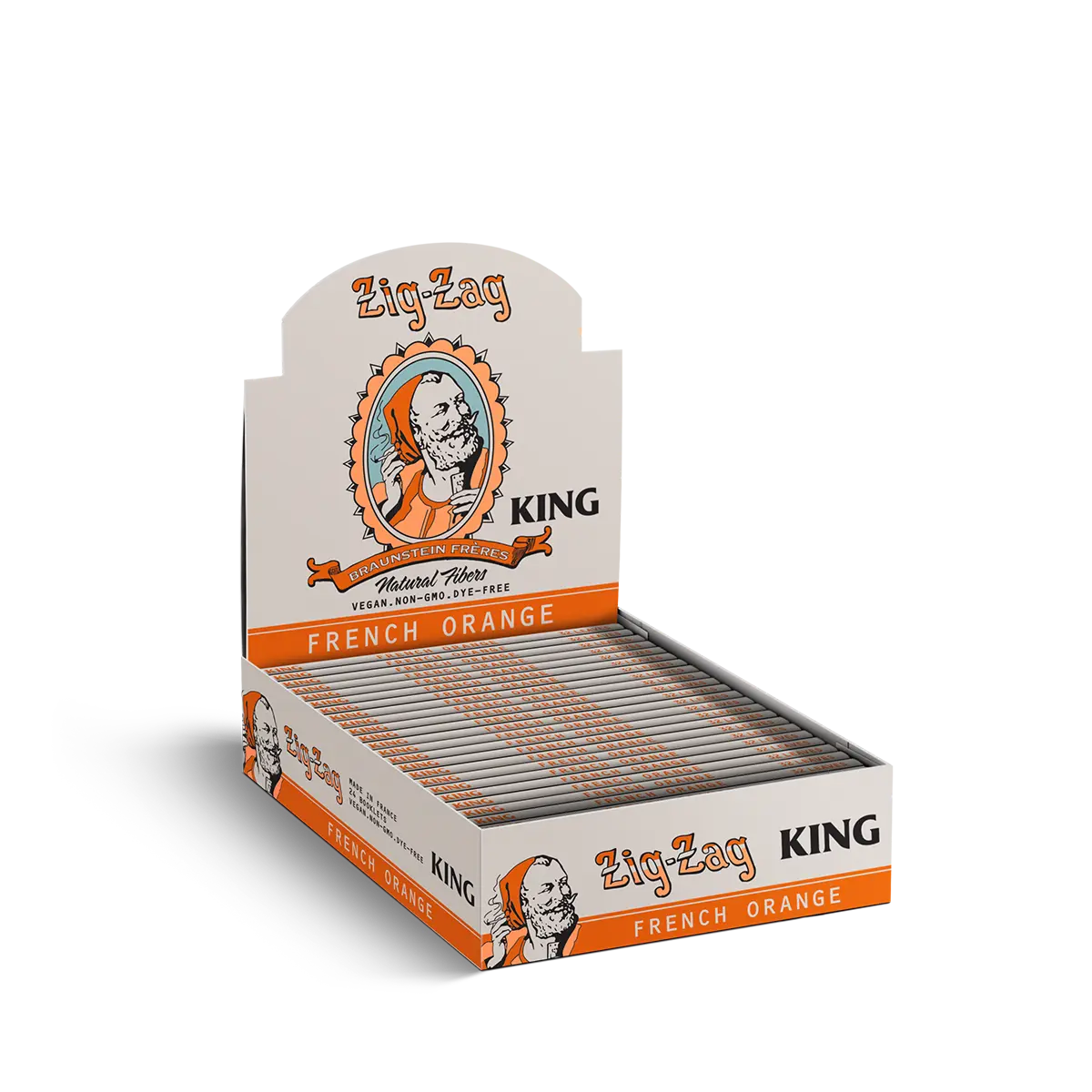Zig-Zag King French Orange rolling papers display box, made with natural fibers and eco-friendly design