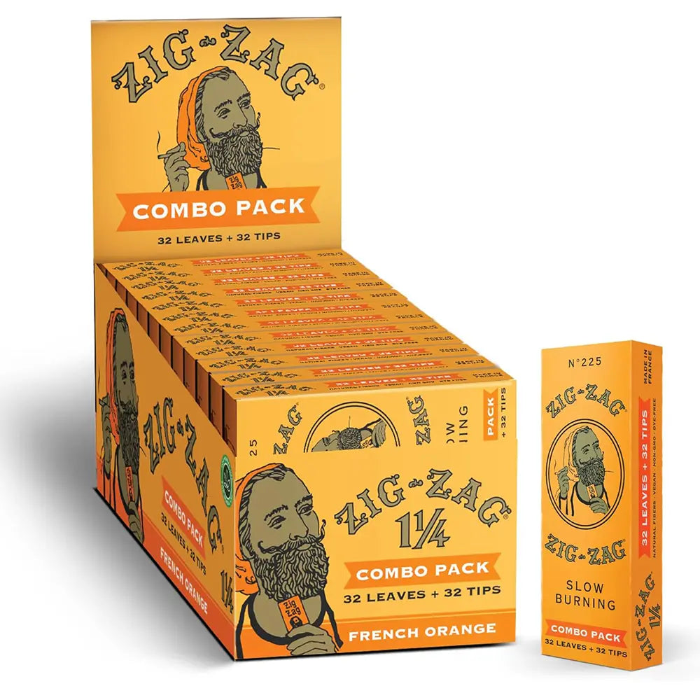 Slow burning hemp paper combo pack with 32 French orange leaves and 32 tips in Zig-Zag branded display box.