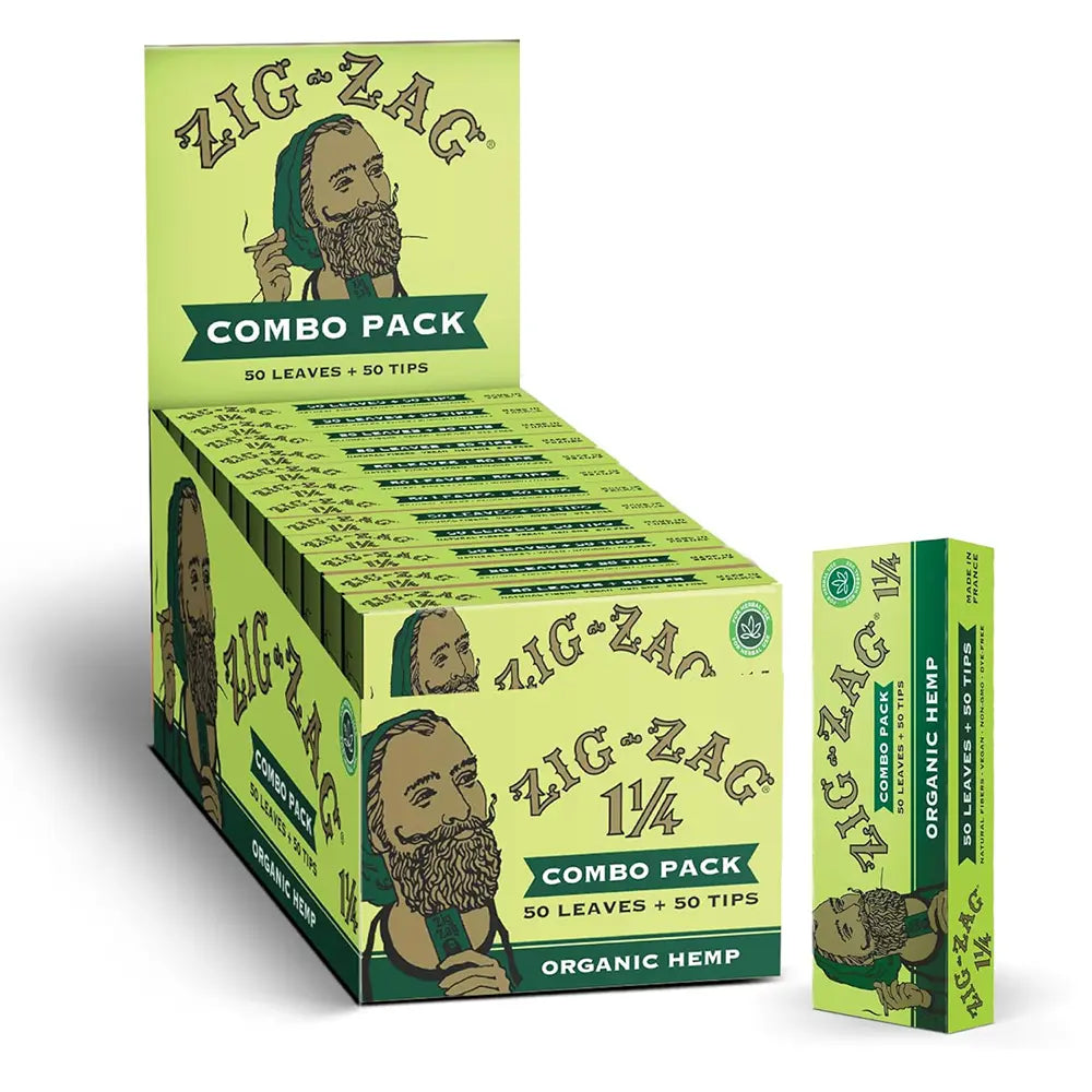 Hemp paper combo pack with 50 organic hemp leaves and 50 tips in Zig-Zag branded display box.