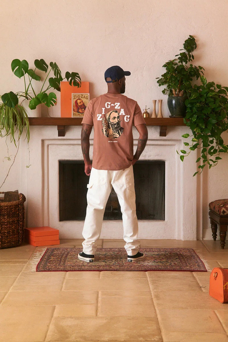 Man wearing a brown Zig-Zag t-shirt with a large back graphic, standing in a stylish room with plants and decor.