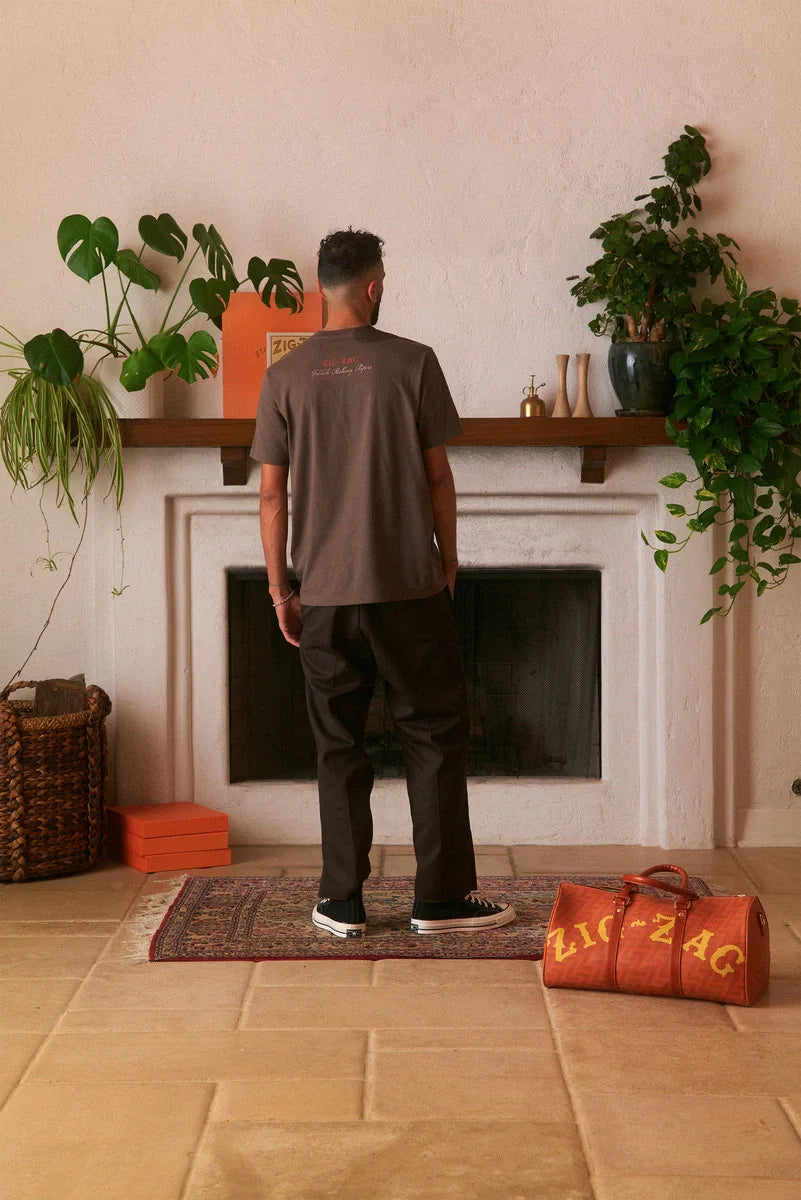 Tshirt featuring Zig-Zag branding, modeled indoors with plants, fireplace, and Zig-Zag bag in background.