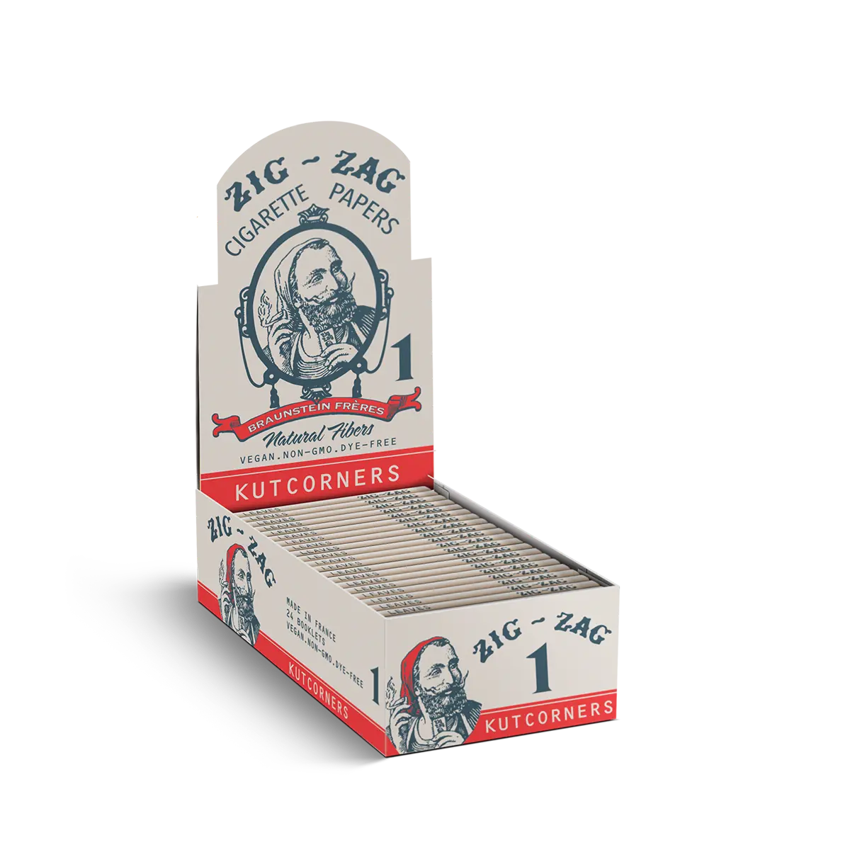 Zig-Zag Kutcorners cigarette papers display box featuring natural fibers, vegan-friendly packaging, and classic branding.