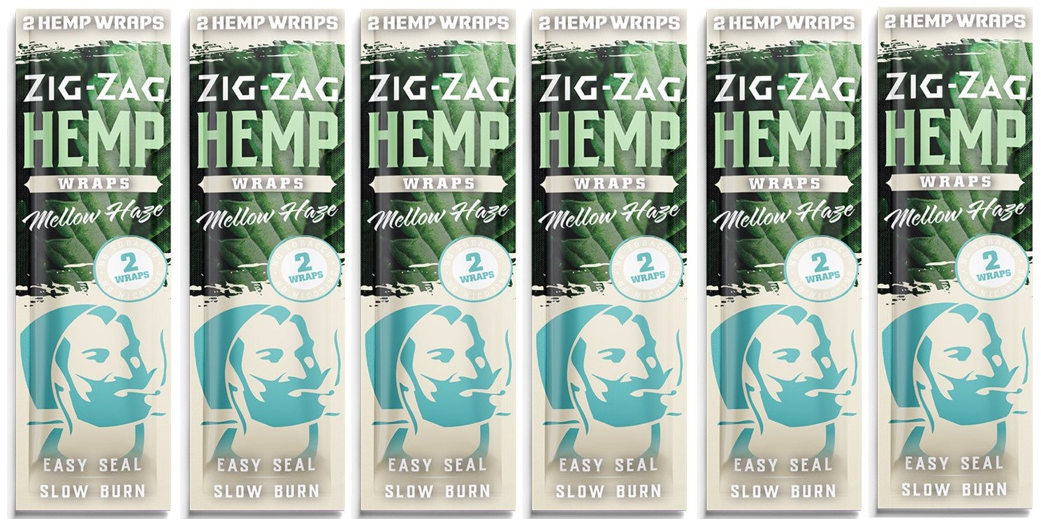 Hemp wraps in Zig-Zag Mellow Haze flavor shown in multiple packs with bold branding and easy seal, slow burn features.