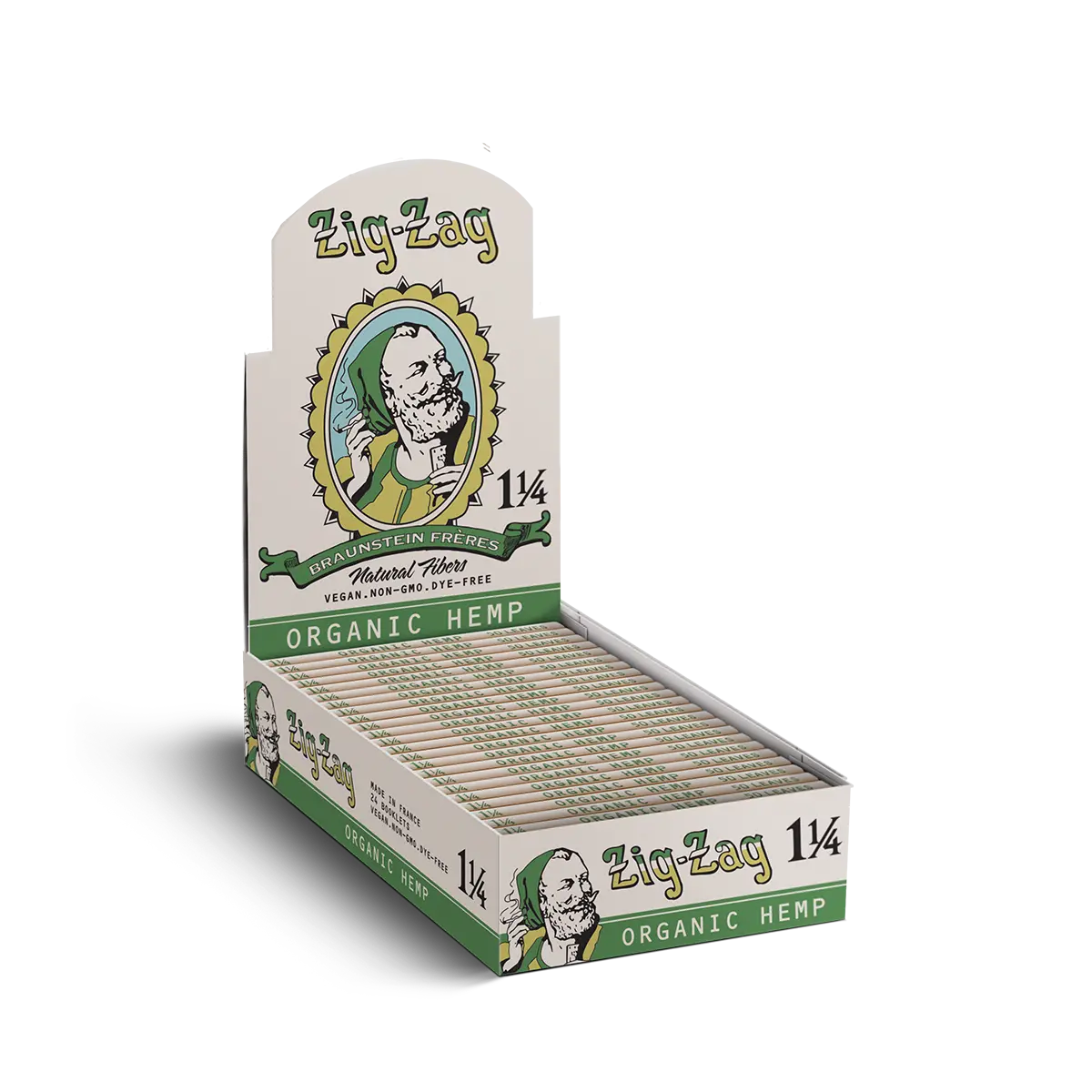 Zig-Zag 1 1/4 Organic Hemp rolling papers display box, made with natural fibers and eco-friendly green packaging.