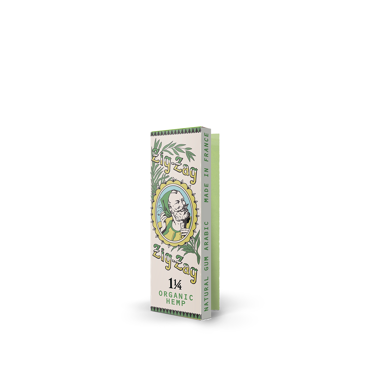 Zig-Zag 1 1/4 Organic Hemp rolling papers featuring natural gum Arabic and eco-friendly green packaging.