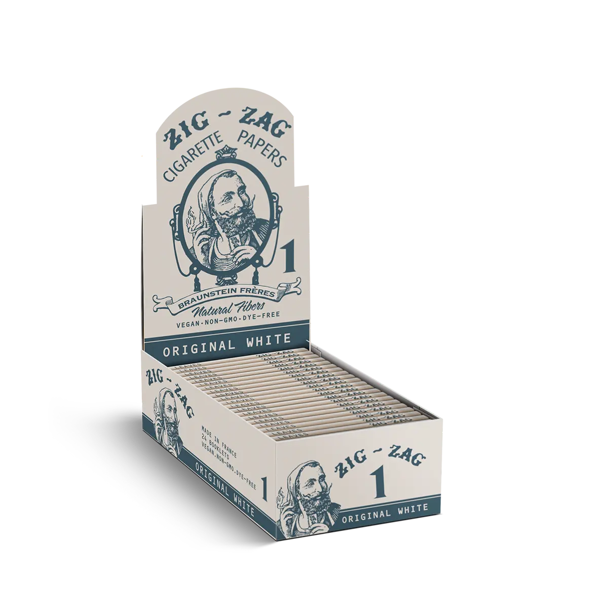 Zig-Zag cigarette papers display box featuring original white packs made with natural fibers and classic branding.