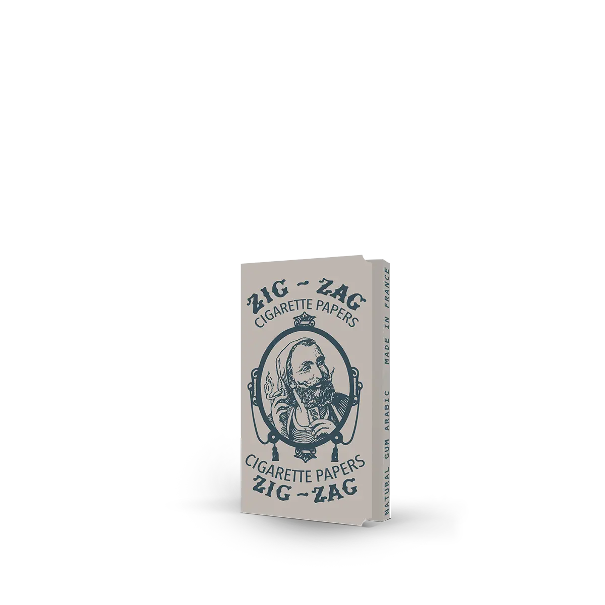 White cigarette papers in classic Zig-Zag packaging made with natural gum arabic and printed with vintage blue artwork.