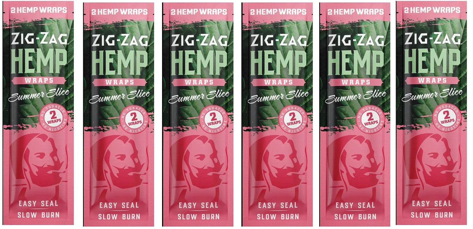Hemp wraps from Zig-Zag in Summer Slice flavor, featuring pink packaging with "Easy Seal" and "Slow Burn" printed on each pack.