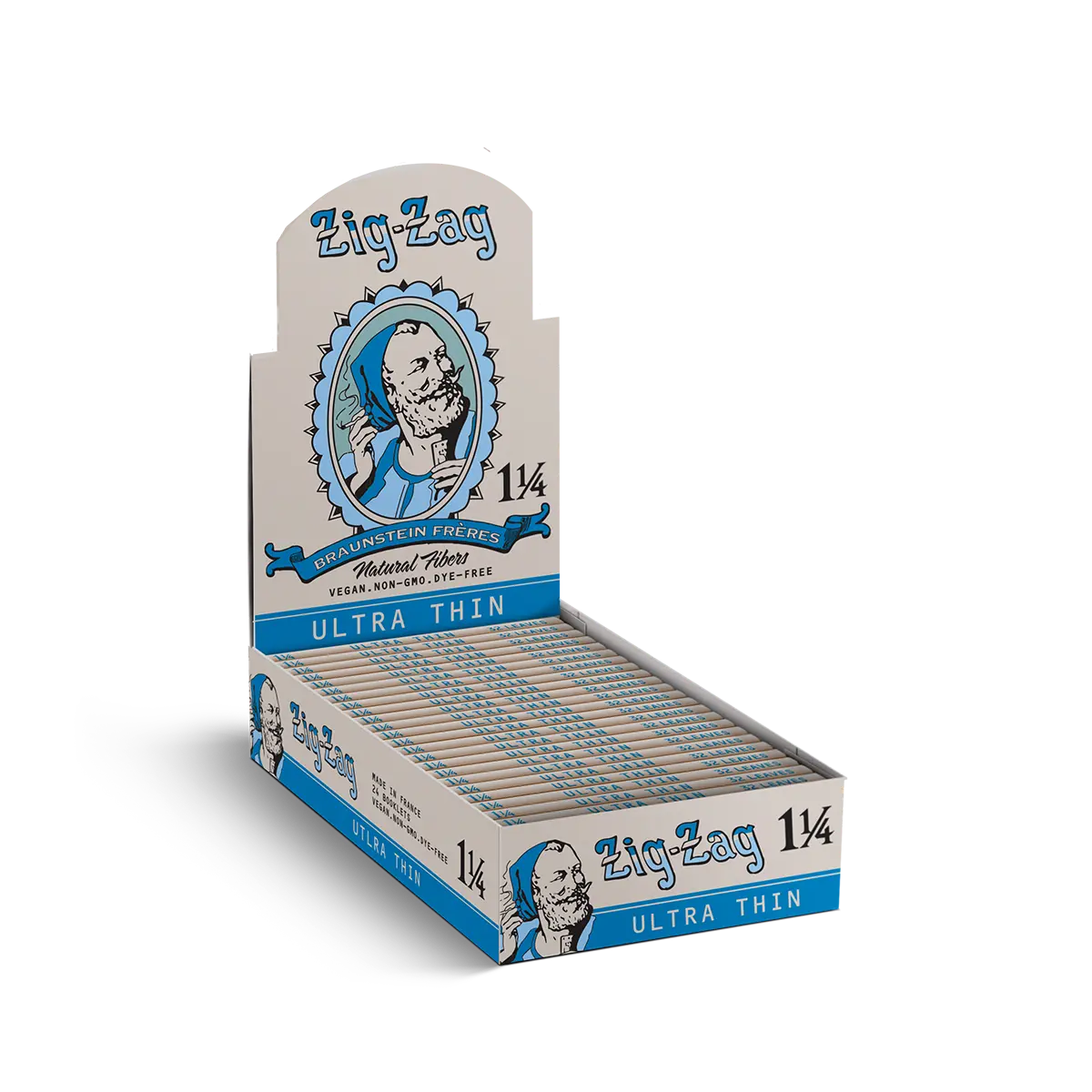 Zig-Zag 1 1/4 Ultra Thin rolling papers display box, made with natural fibers and lightweight, eco-friendly packaging.