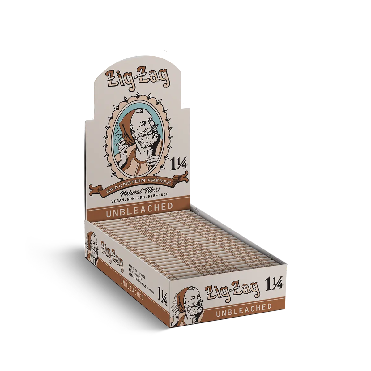 Zig-Zag 1 1/4 unbleached rolling papers display box, made with natural fibers and eco-friendly vegan packaging.