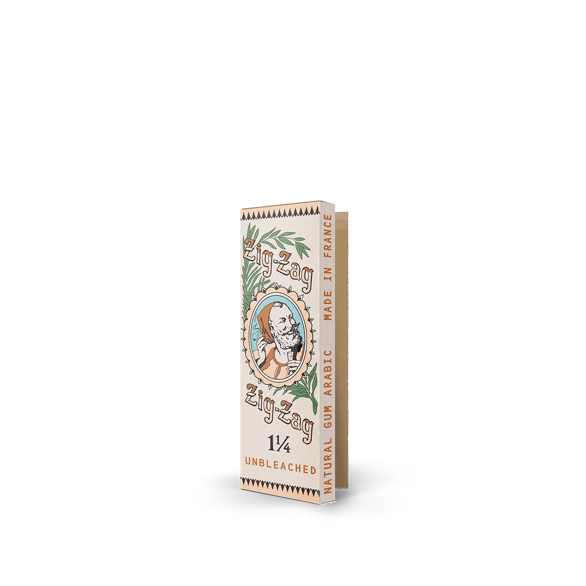 Zig-Zag 1 1/4 unbleached rolling papers featuring natural gum Arabic and eco-friendly packaging.