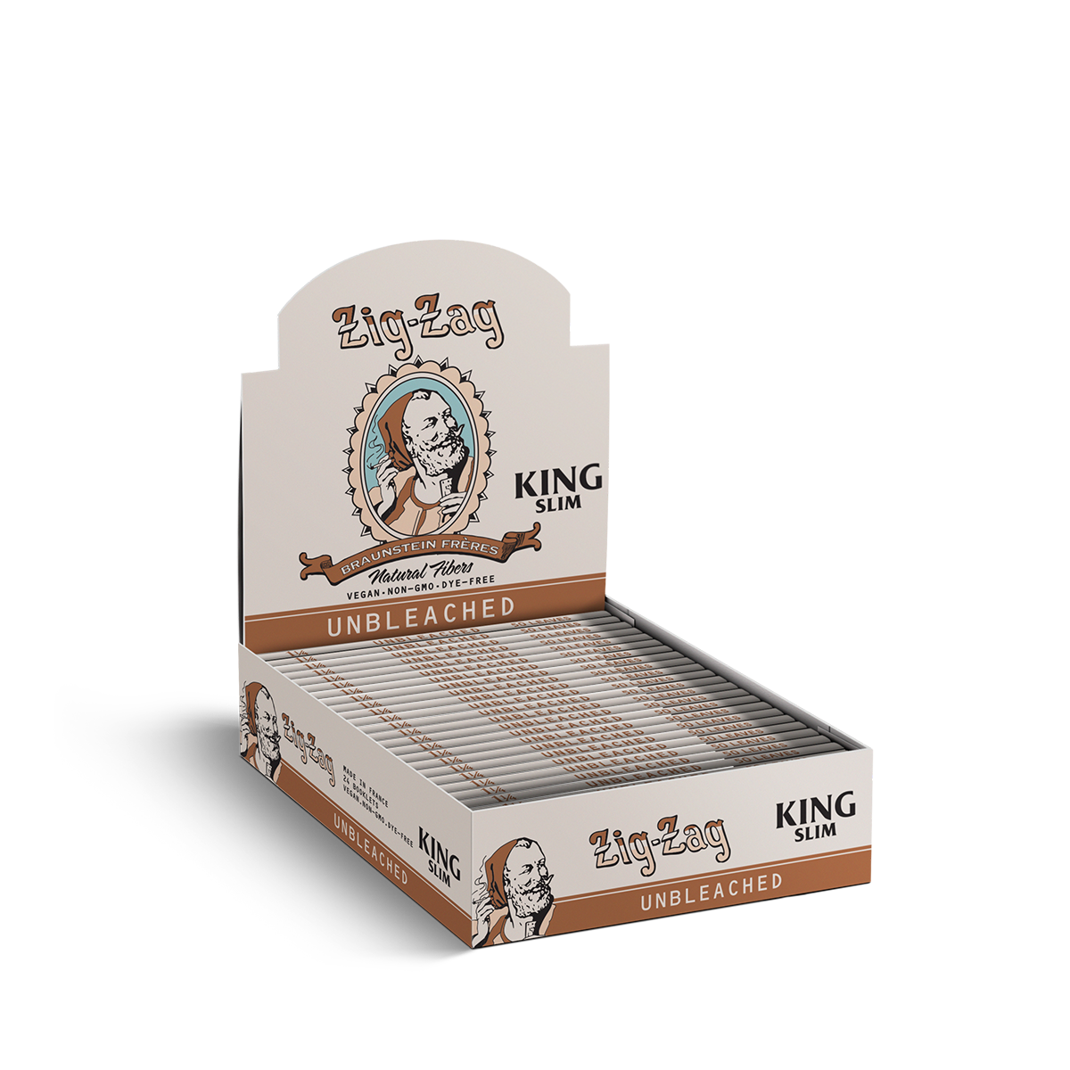 Zig-Zag King Slim unbleached rolling papers display box made from natural fibers and featuring eco-friendly packaging.