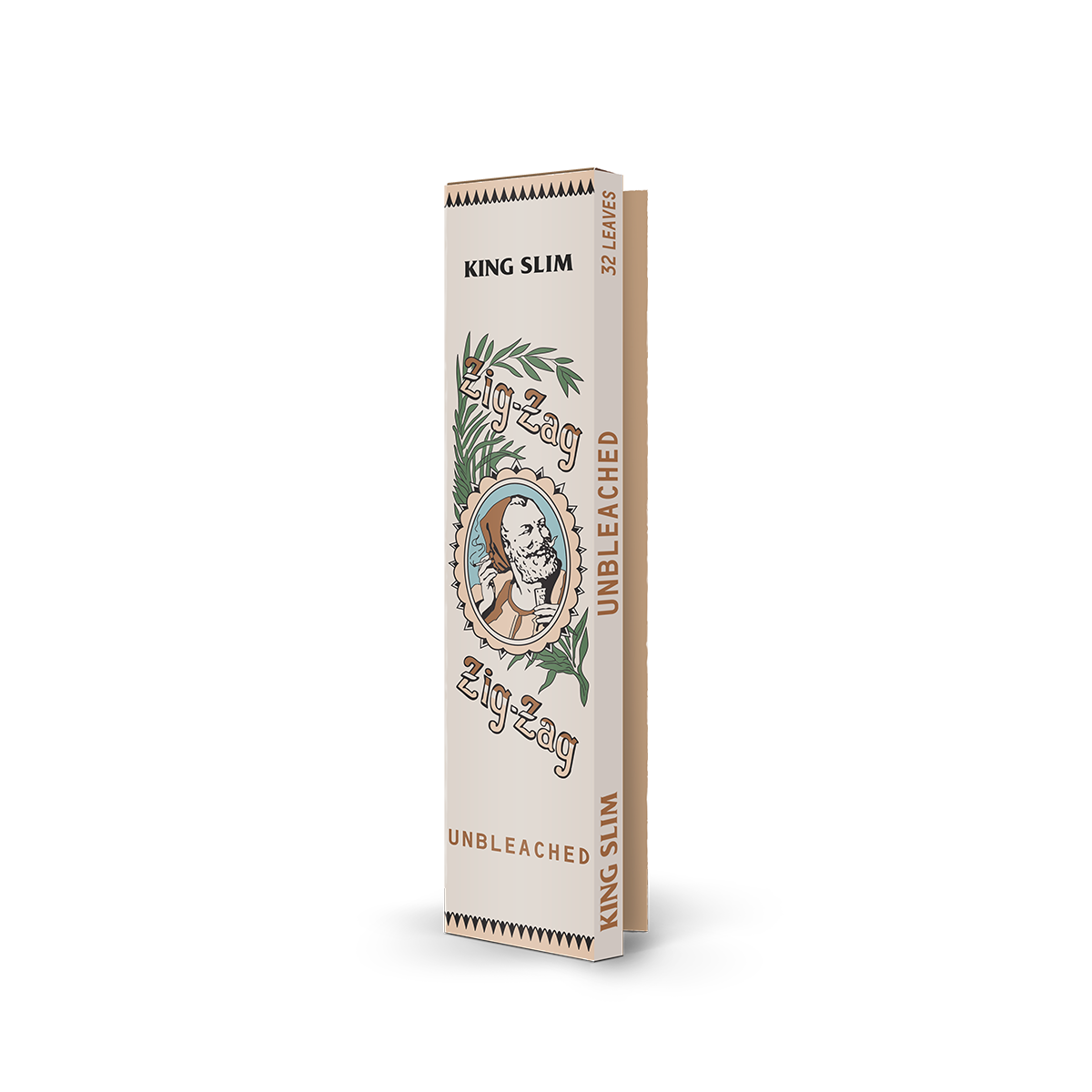 Zig-Zag King Slim unbleached rolling papers featuring a natural design with 32 leaves per pack.