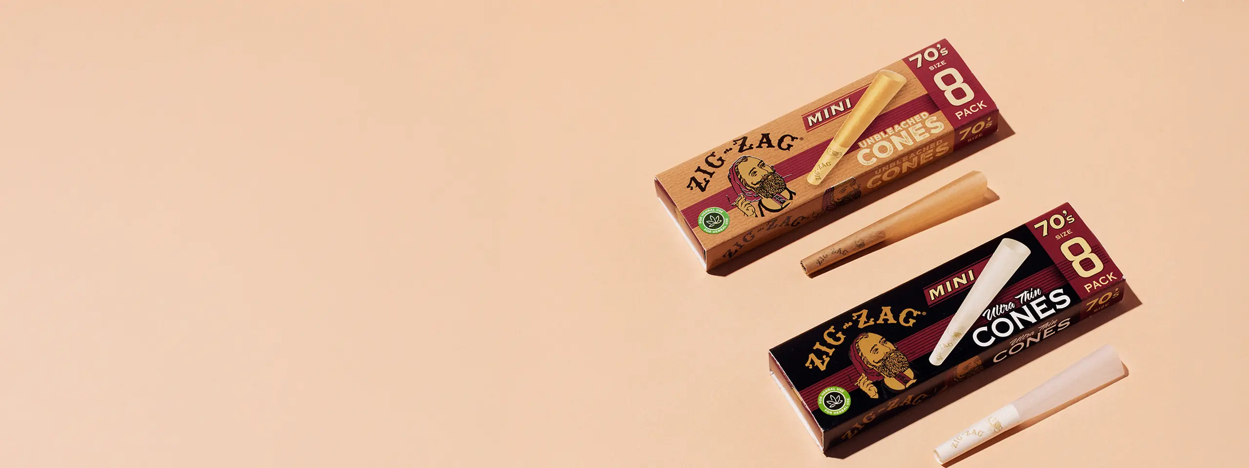 Raw cones option from Zig-Zag shown with unbleached mini cones and ultra thin cones in 8-pack boxes.