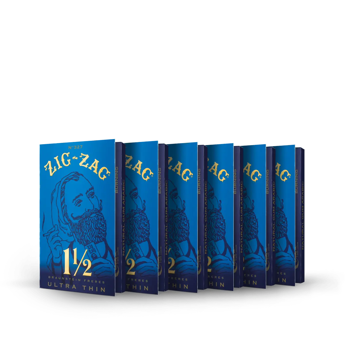 1 1/2 ultra thin papers in Zig-Zag blue packs with gold lettering, arranged in a row on dark background.