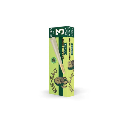 Organic hemp cones 3 pack by Zig-Zag in king size with green packaging and a pre-rolled cone displayed on front.
