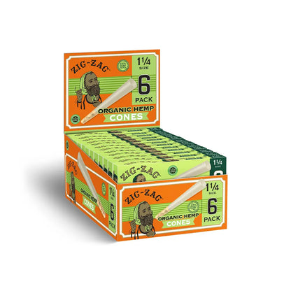 Blunt cones in Zig-Zag 1¼ size 6-pack boxes made from organic hemp displayed in an open retail case.