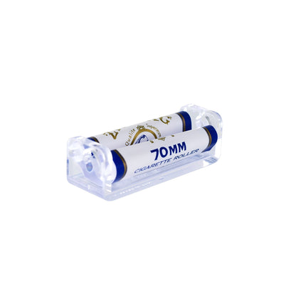 Cigarette roller in Zig-Zag 70mm size with white and blue design and clear plastic ends on a white background.